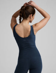 blue full length tank top with a soft front and back v-neckline.