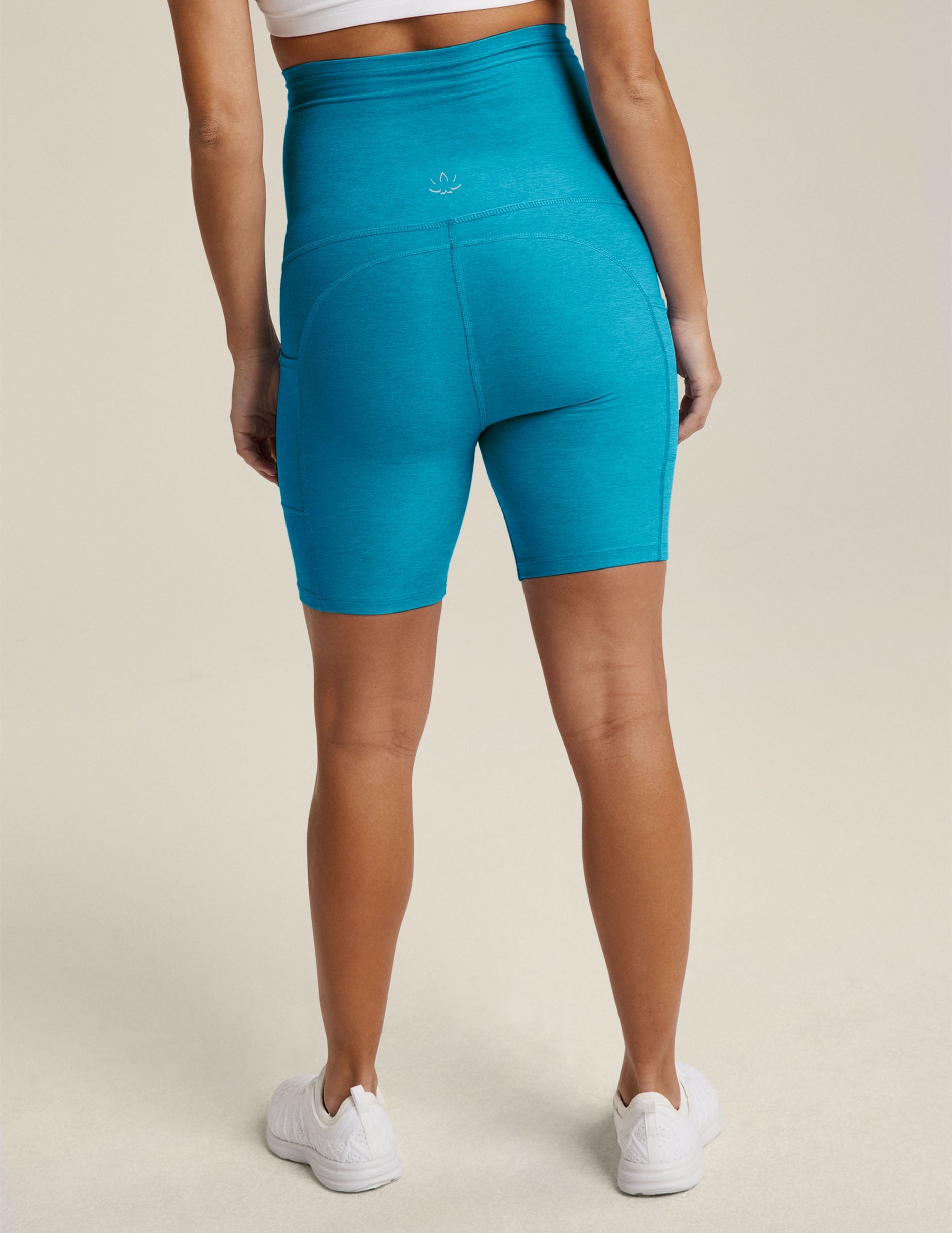 blue spacedye 7" inseam maternity biker shorts with pockets.