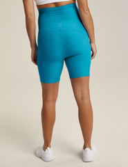blue spacedye 7" inseam maternity biker shorts with pockets.