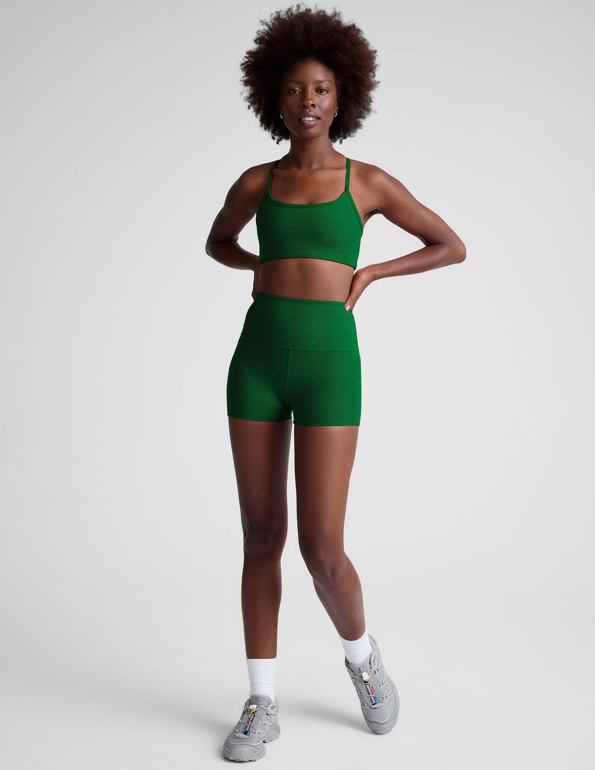 green high-waisted 3" inseam biker shorts. 