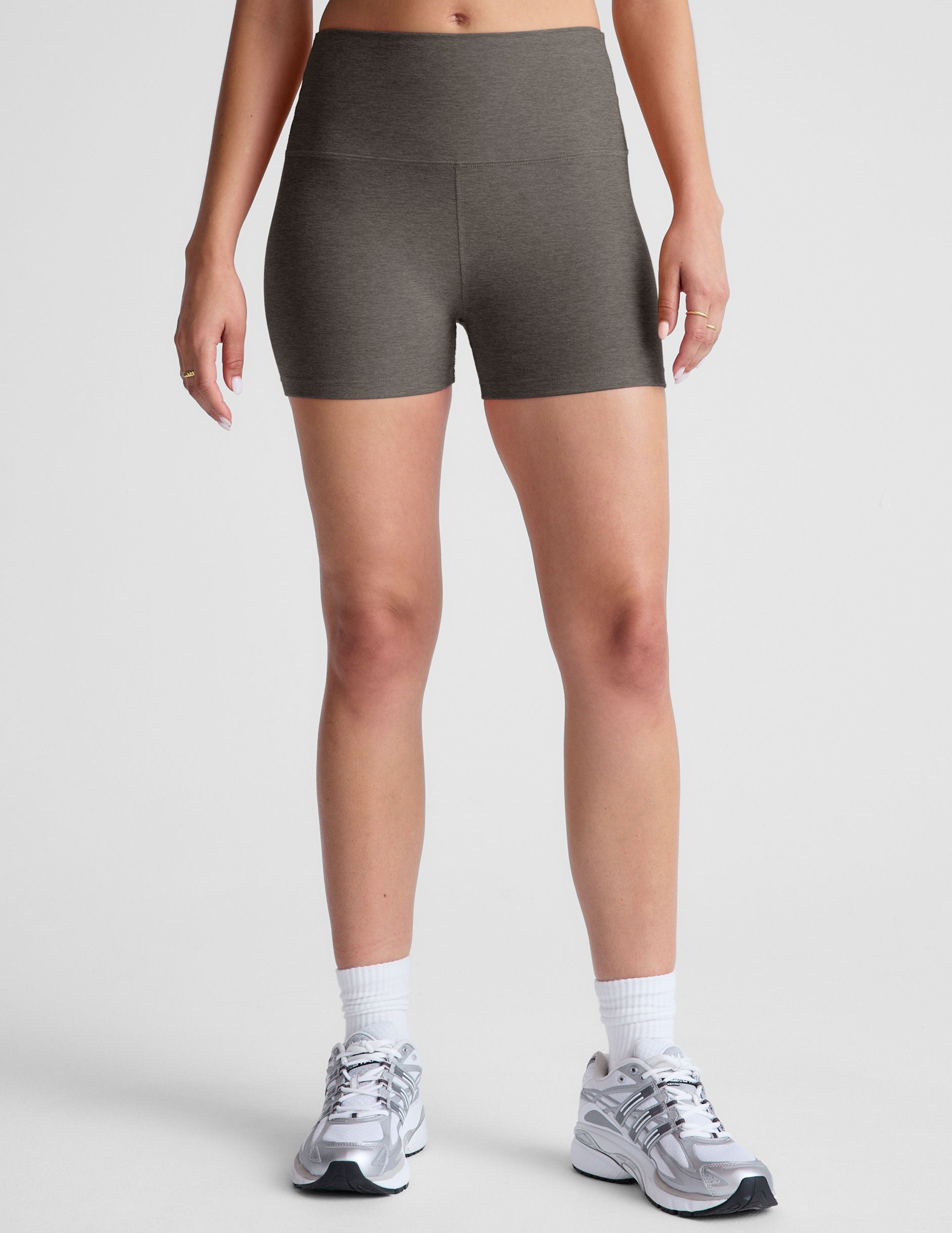 gray high-waisted 3" inseam biker shorts. 
