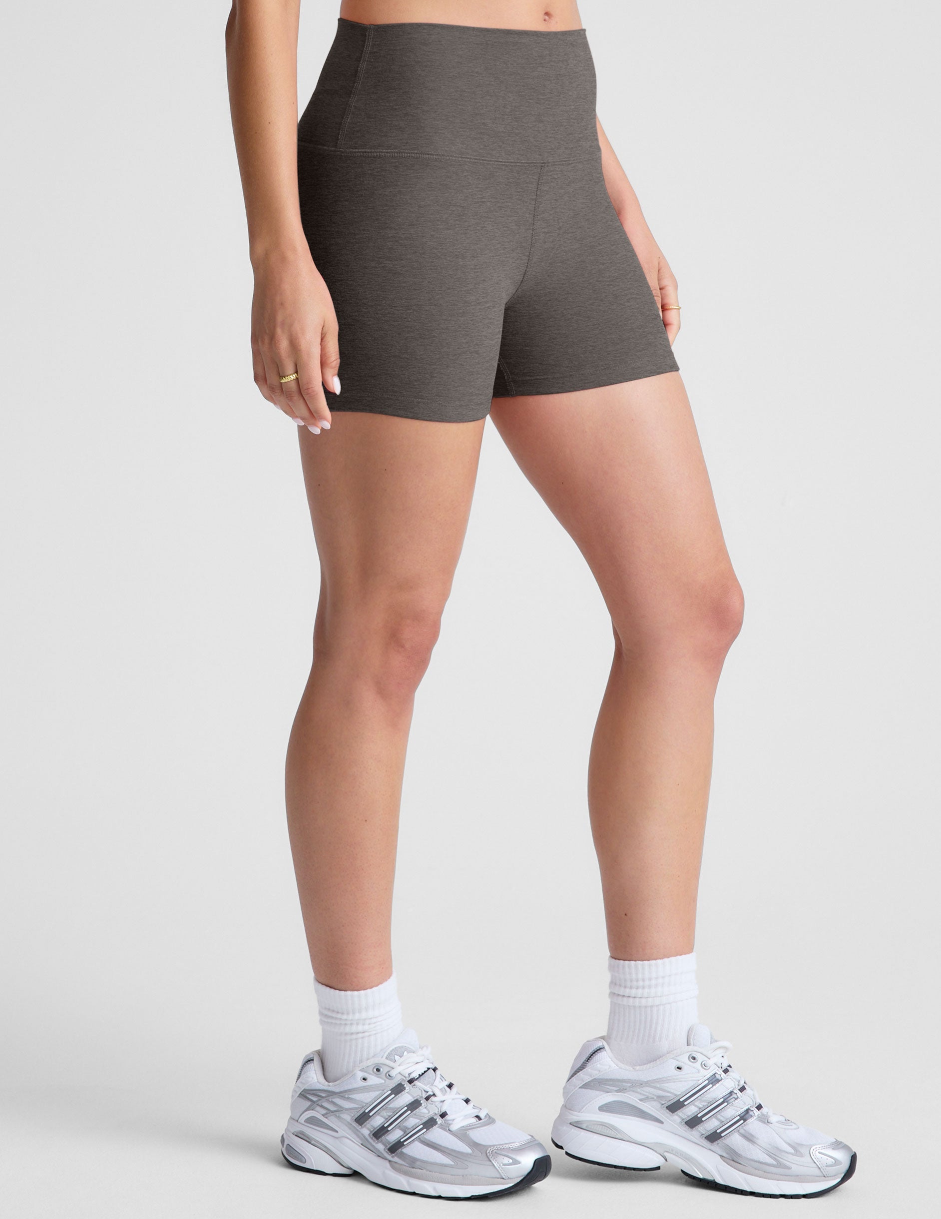 gray high-waisted 3" inseam biker shorts. 