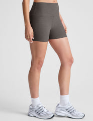 gray high-waisted 3" inseam biker shorts. 
