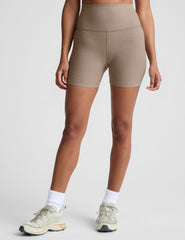 brown high-waisted 5" inseam biker shorts. 