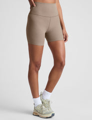 brown high-waisted 5" inseam biker shorts. 