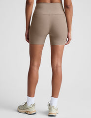 brown high-waisted 5" inseam biker shorts. 