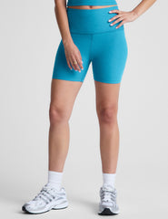 blue high-waisted 5" inseam biker shorts. 