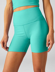 blue high-waisted 5" length biker shorts. 