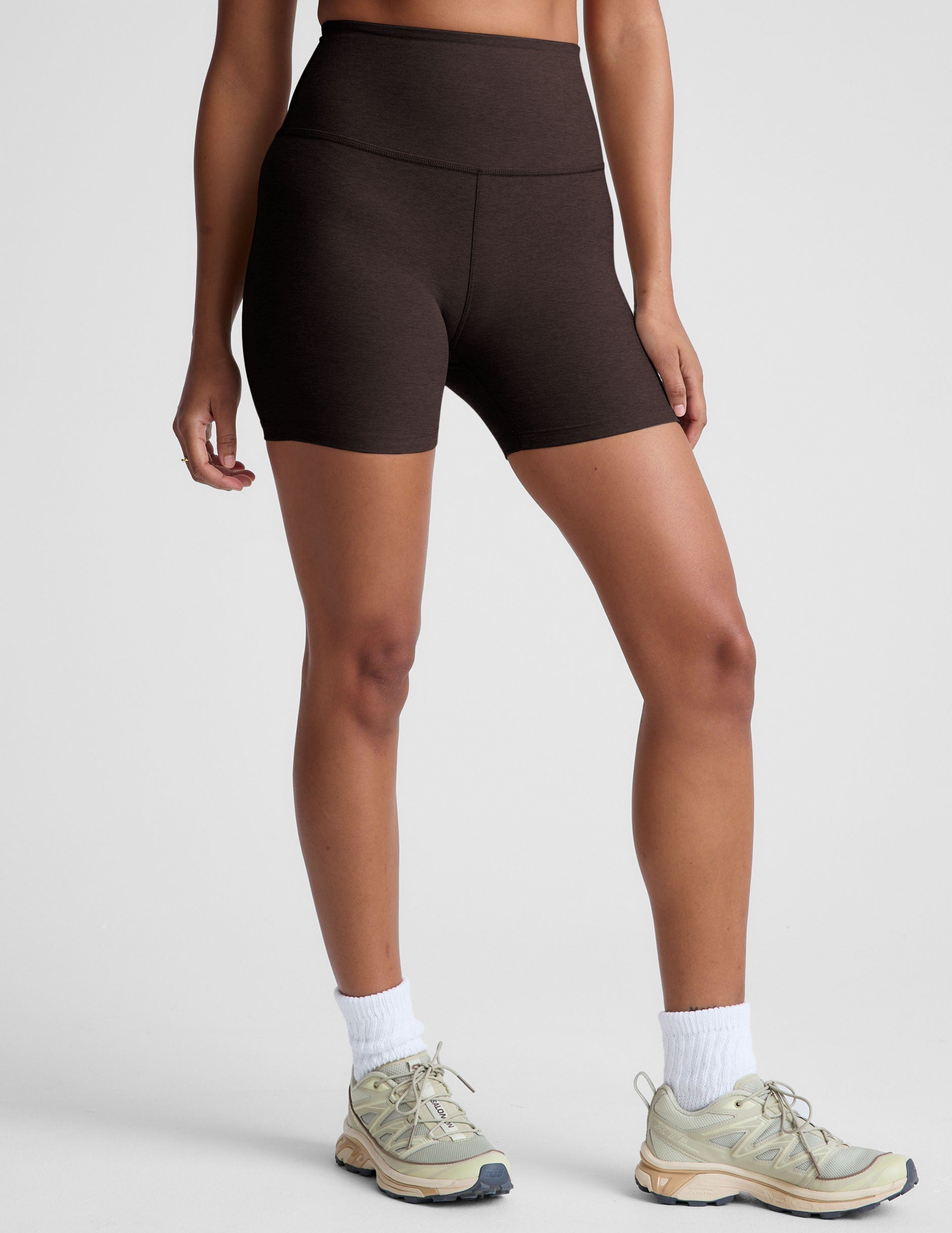 brown high-waisted 5" inseam biker shorts. 
