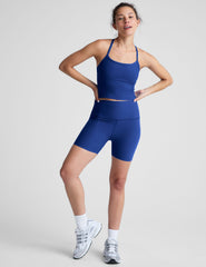 blue high-waisted 5" inseam biker shorts. 