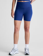 blue high-waisted 5" inseam biker shorts. 