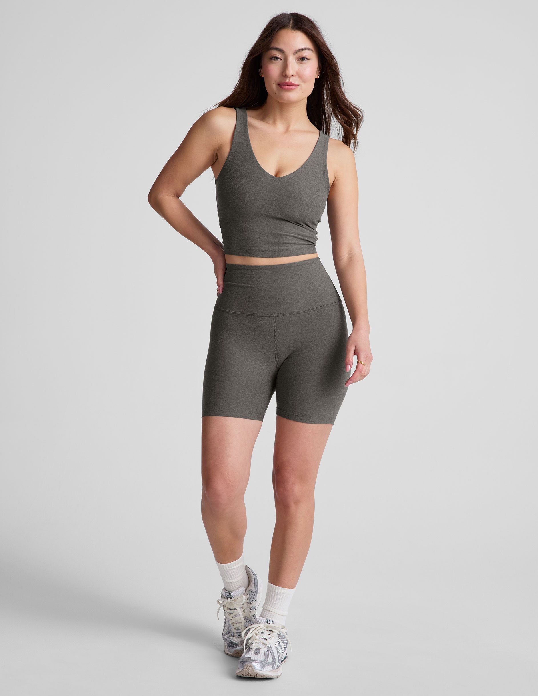 gray high-waisted biker shorts with a 5" inseam. 