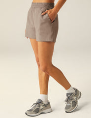 brown shorts with pockets.