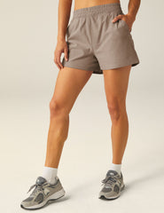 brown shorts with pockets.