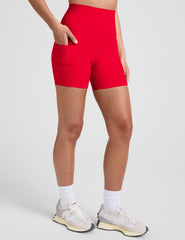 red high-waisted 5" inseam biker shorts with pockets. 