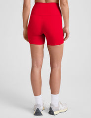 red high-waisted 5" inseam biker shorts with pockets. 