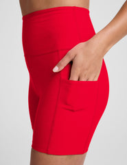 red high-waisted 5" inseam biker shorts with pockets. 