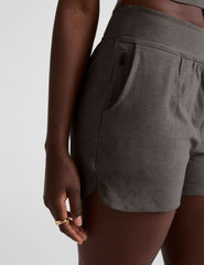 grey 3" inseam shorts with side pockets. 