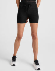 black high-waisted 5" inseam biker shorts with pockets and a drawstring at waistband. 