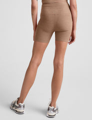 brown high-waisted 5" inseam biker shorts with pockets and a drawstring at waistband. 