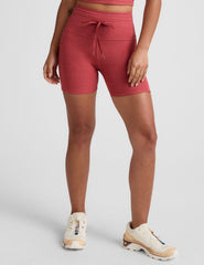 red high-waisted 5" inseam biker shorts with a drawstring at waistband and side pockets. 
