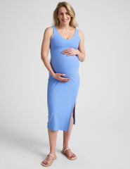 blue midi length maternity dress with a v-neckline and side slit.