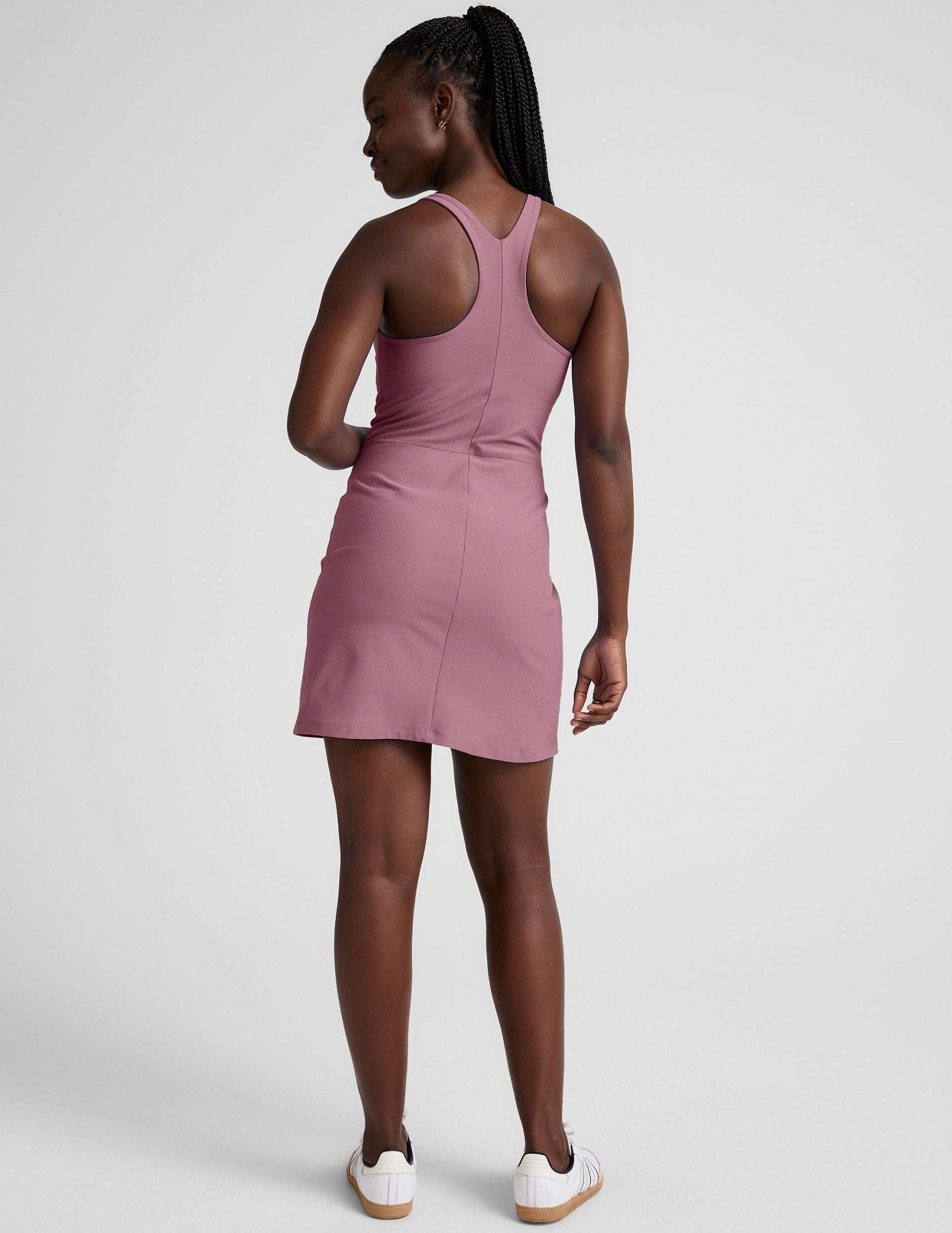 pink high-neck racerback mini dress.