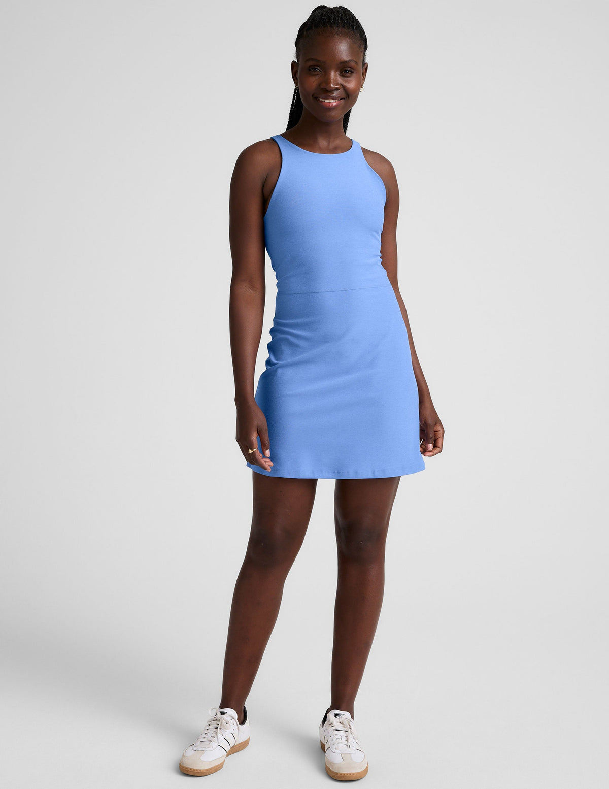 blue mini tank dress with a slim racerback.