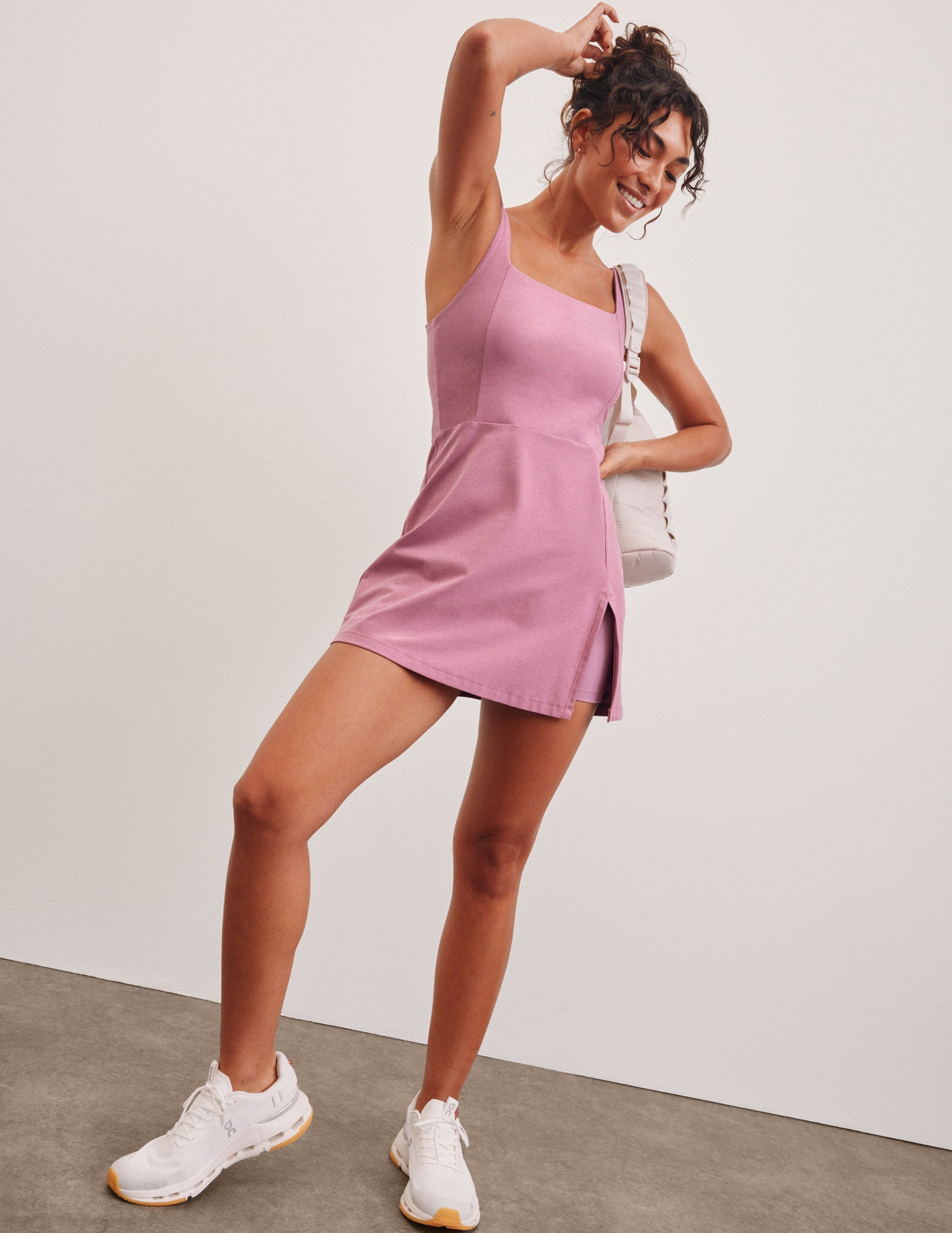 pink square neck mini dress.