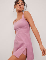 pink square neck mini dress.