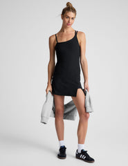 black asymmetrical mini dress with slit