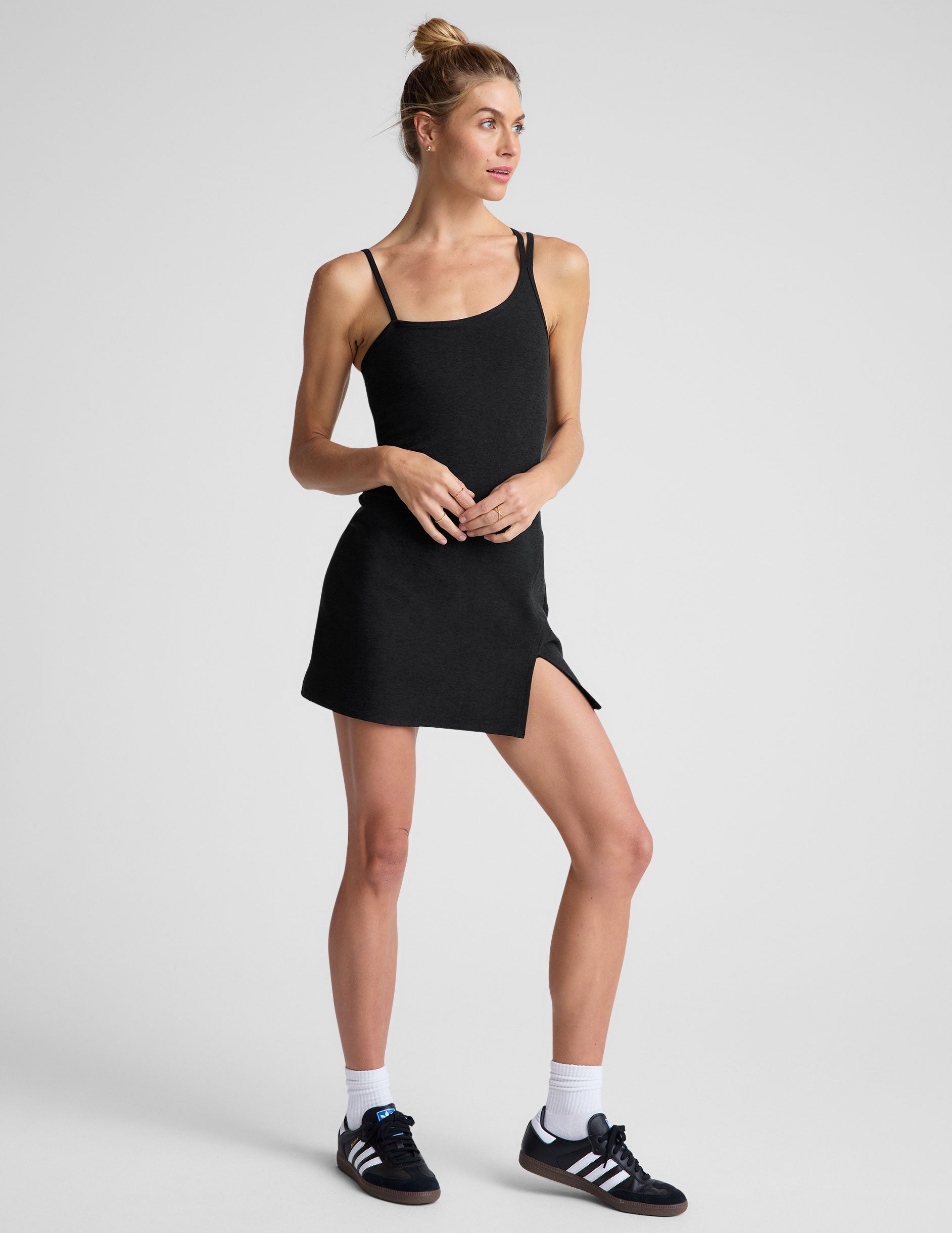black asymmetrical mini dress with slit