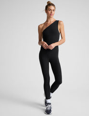 black midi one-shoulder midi length jumpsuit.