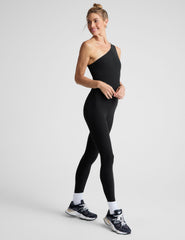 black midi one-shoulder midi length jumpsuit.