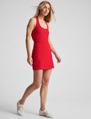 red mini dress with a halter neck.