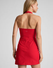 red mini dress with a halter neck.