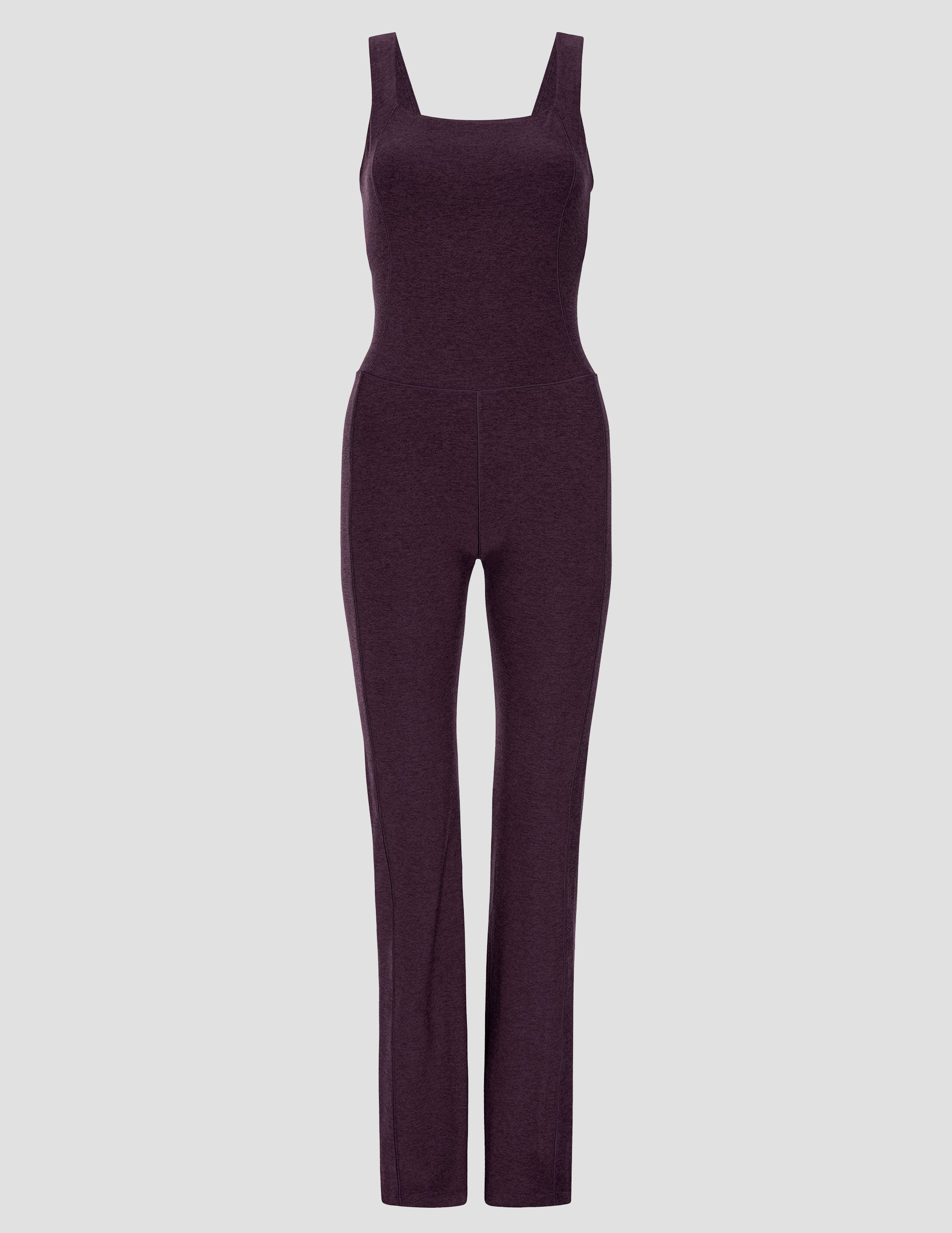 purple square neck bootcut jumpsuit on a light gray background.
