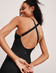 black biker jumpsuit with a built-in shelf bra and 5" inseam. 