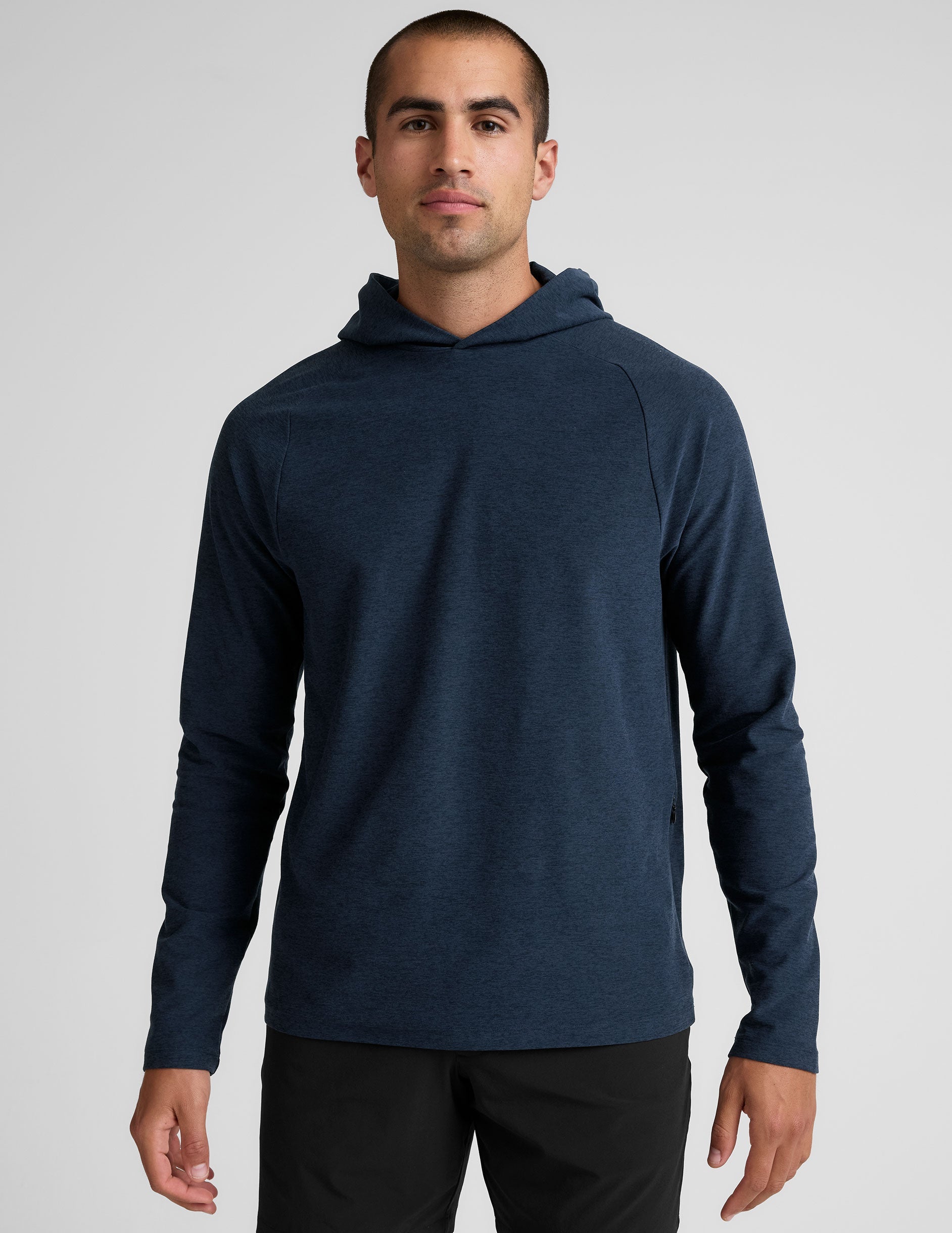 blue men's hooded pullover.