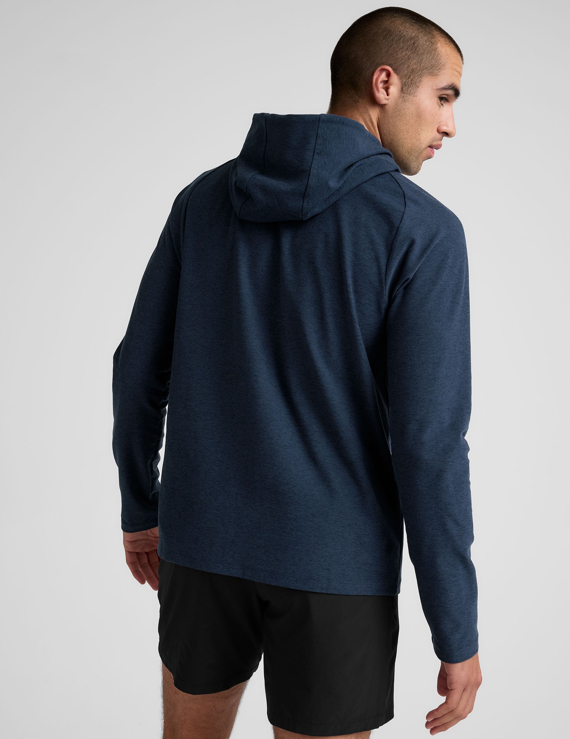 blue men's hooded pullover.