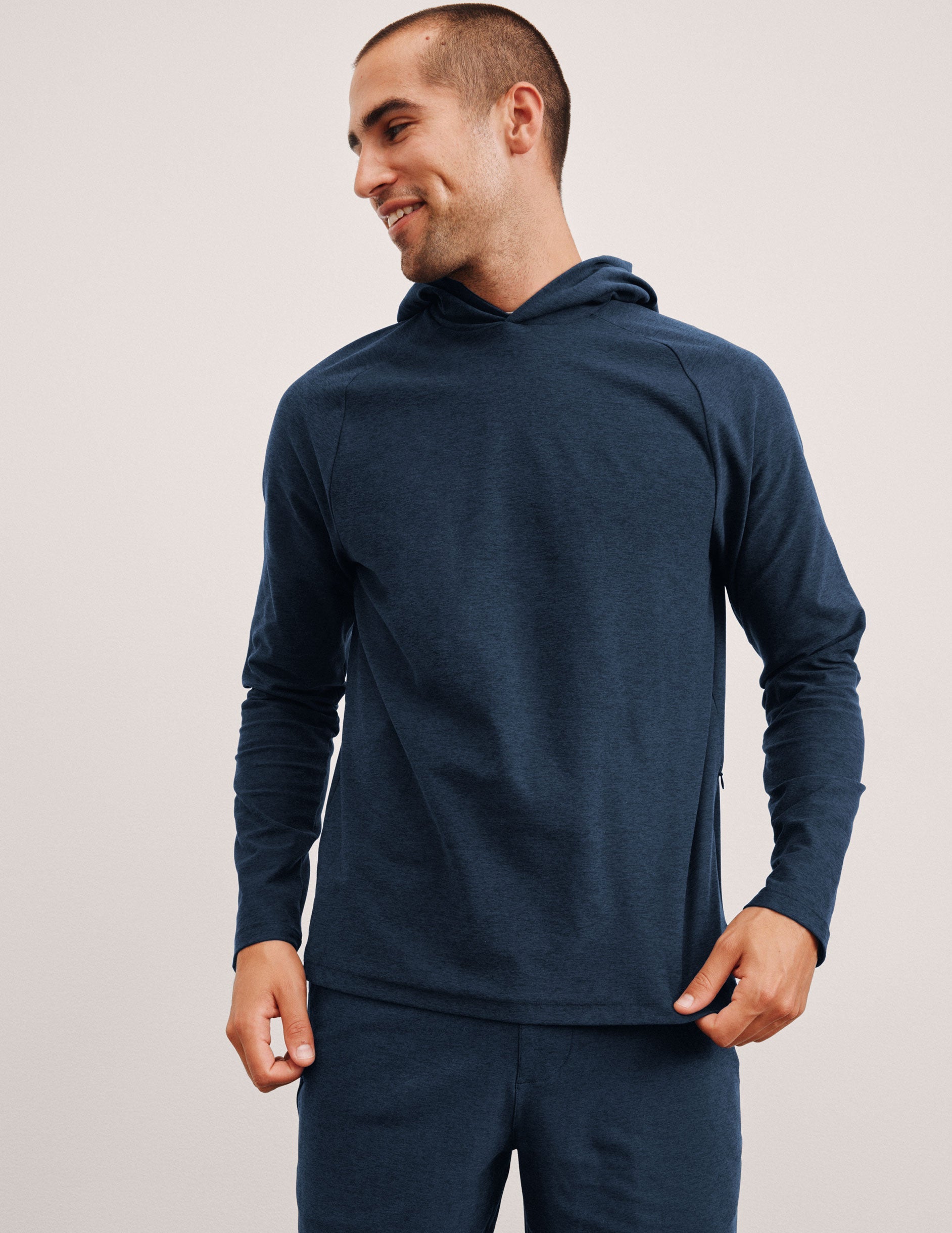 blue men's hooded pullover.