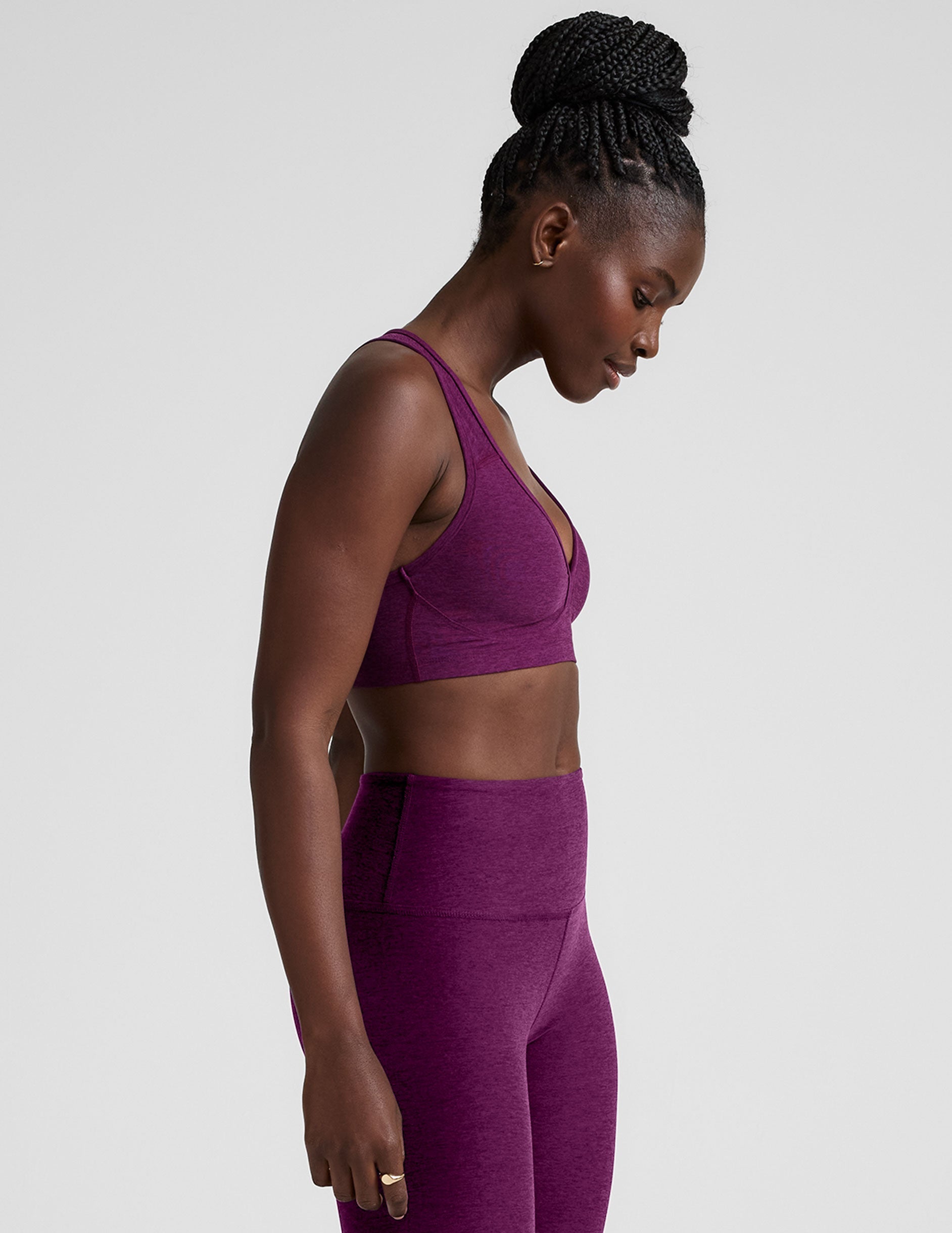 purple v-neck sports bra with remove-able pads.