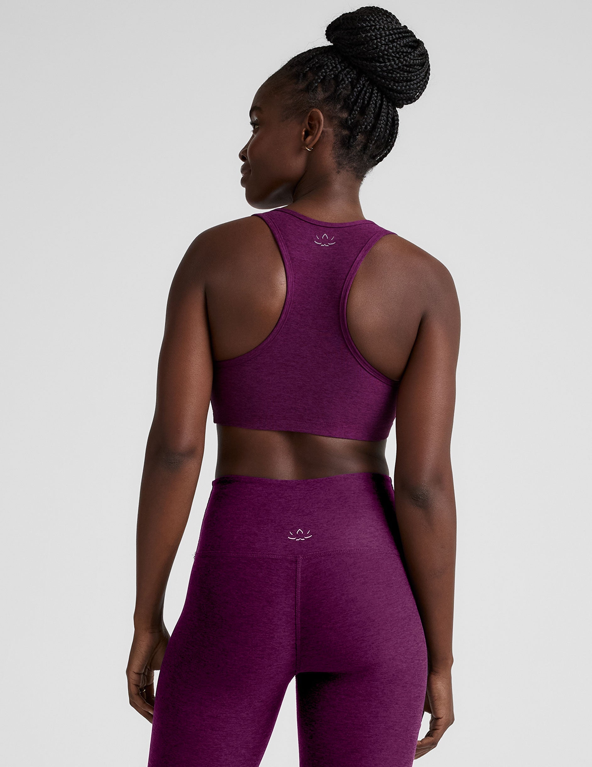 purple v-neck sports bra with remove-able pads.
