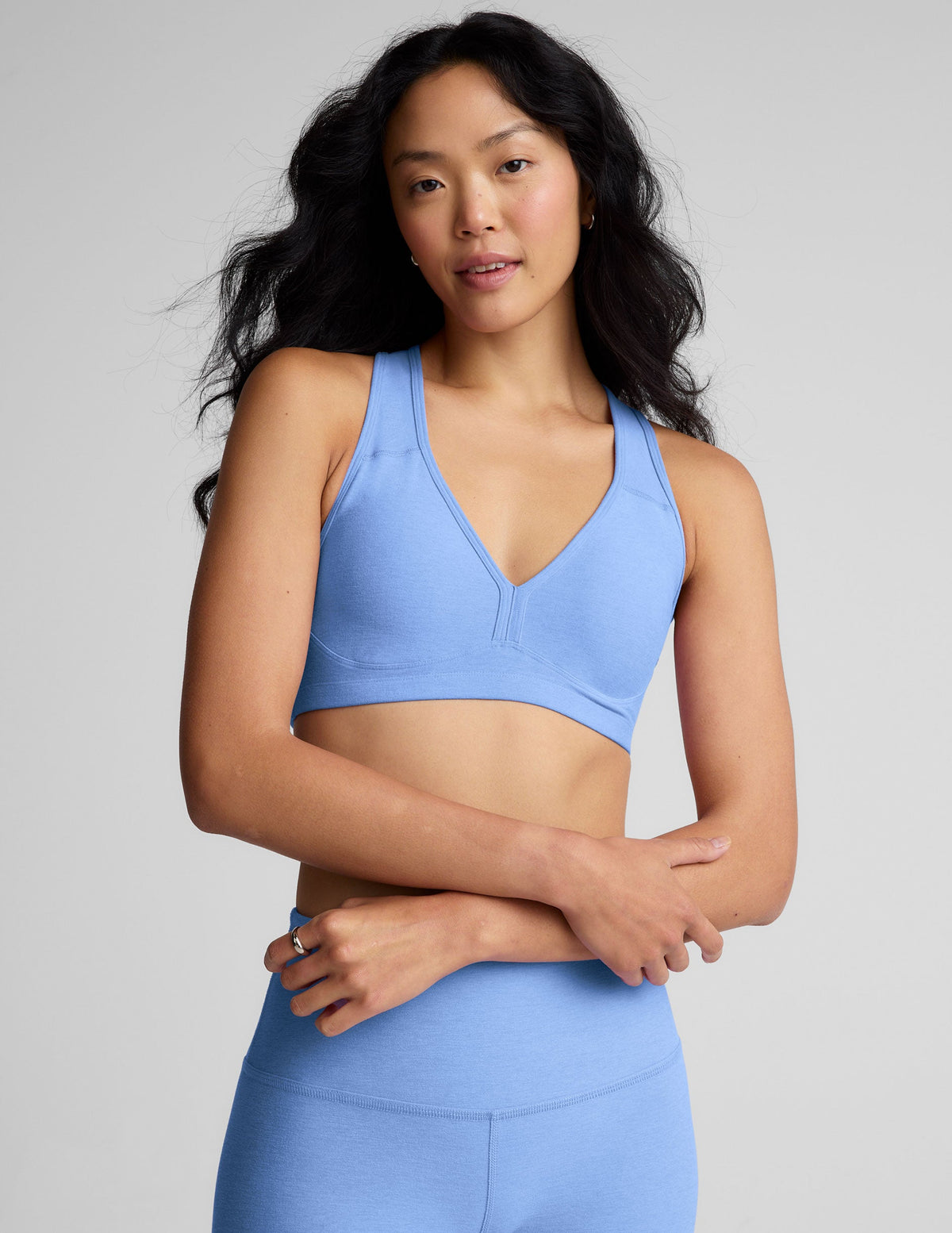 blue racerback bra with removable pads.