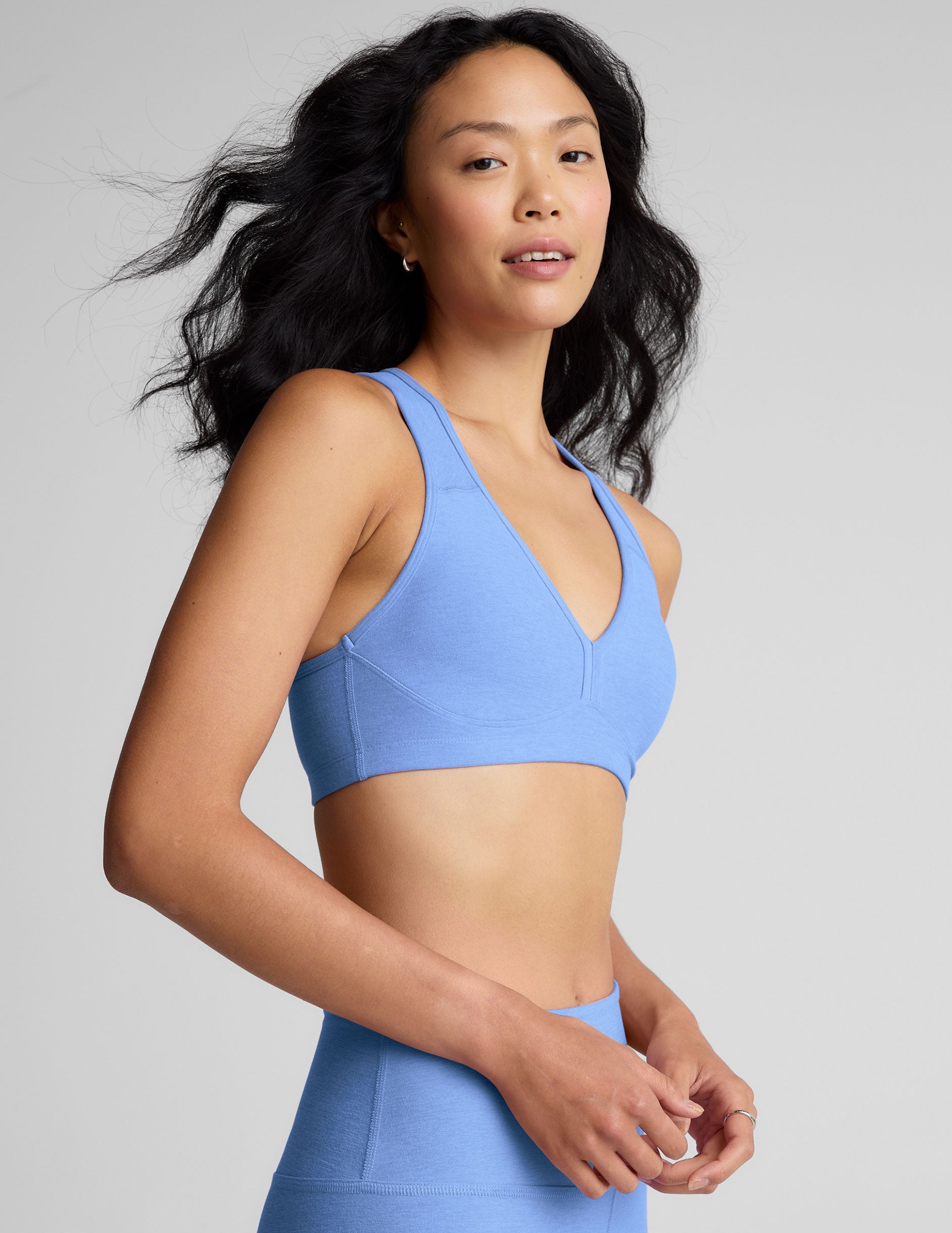 blue racerback bra with removable pads.
