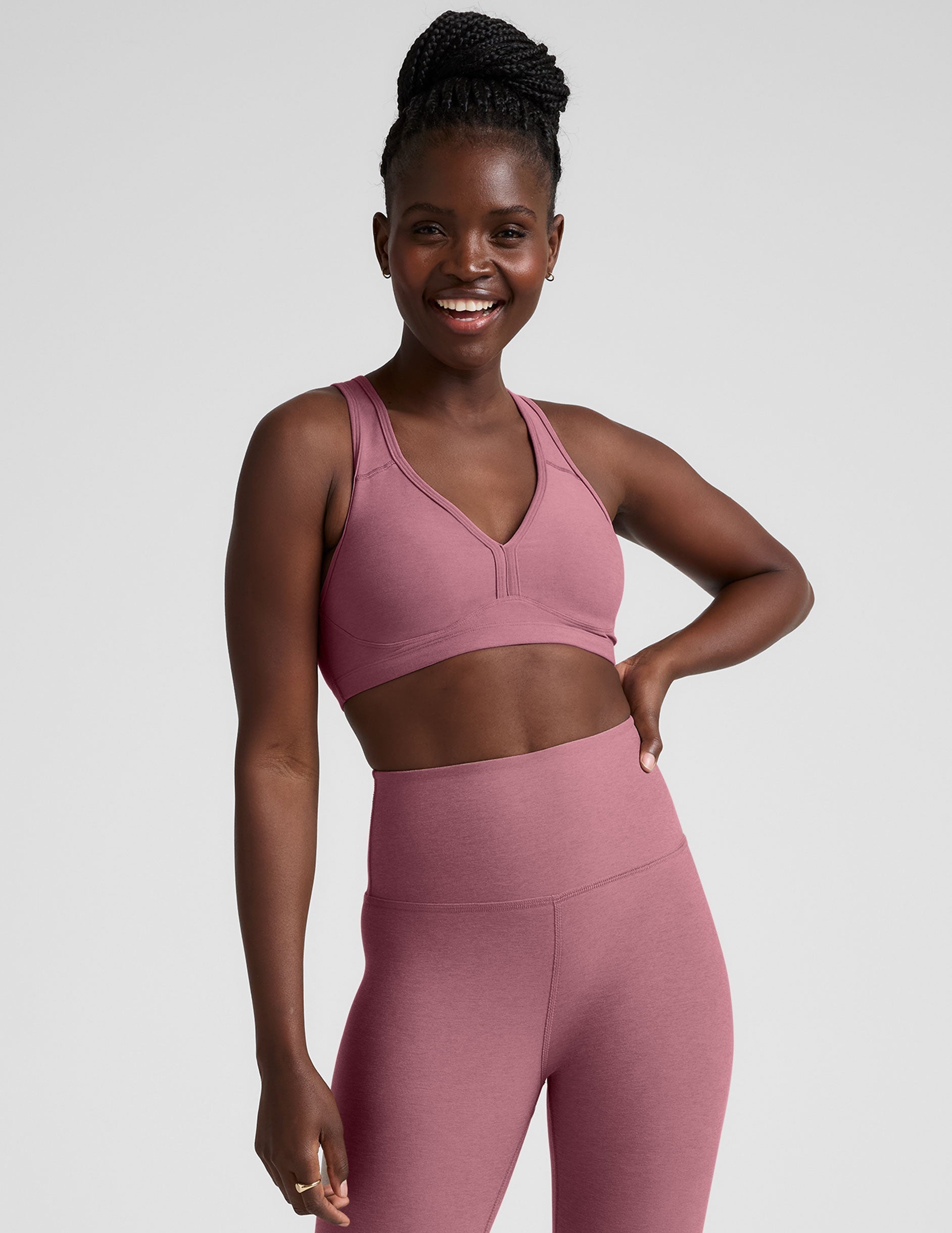 pink v-neck racerback bra with remove-able padding.