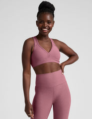 pink v-neck racerback bra with remove-able padding.