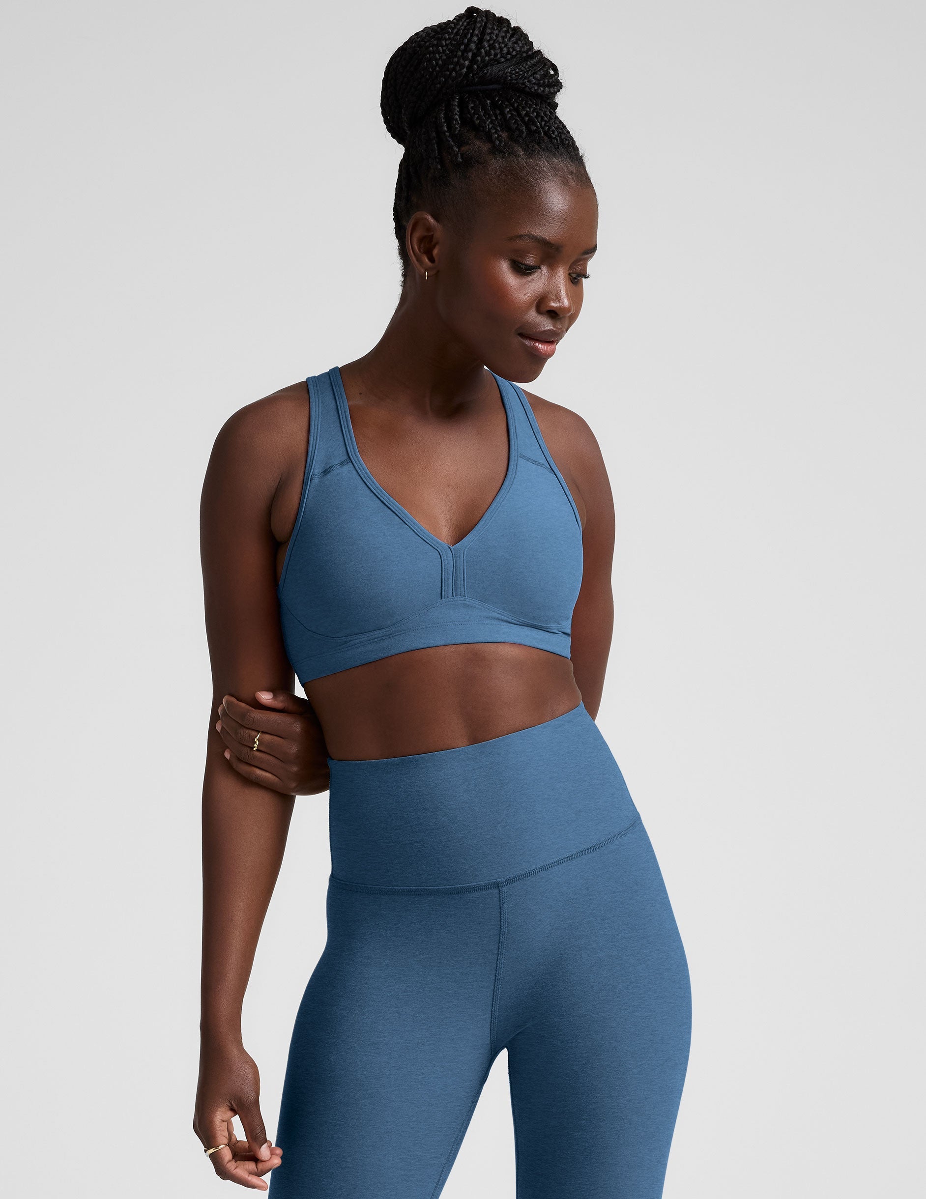 blue v-neck racerback bra with remove-able pads.