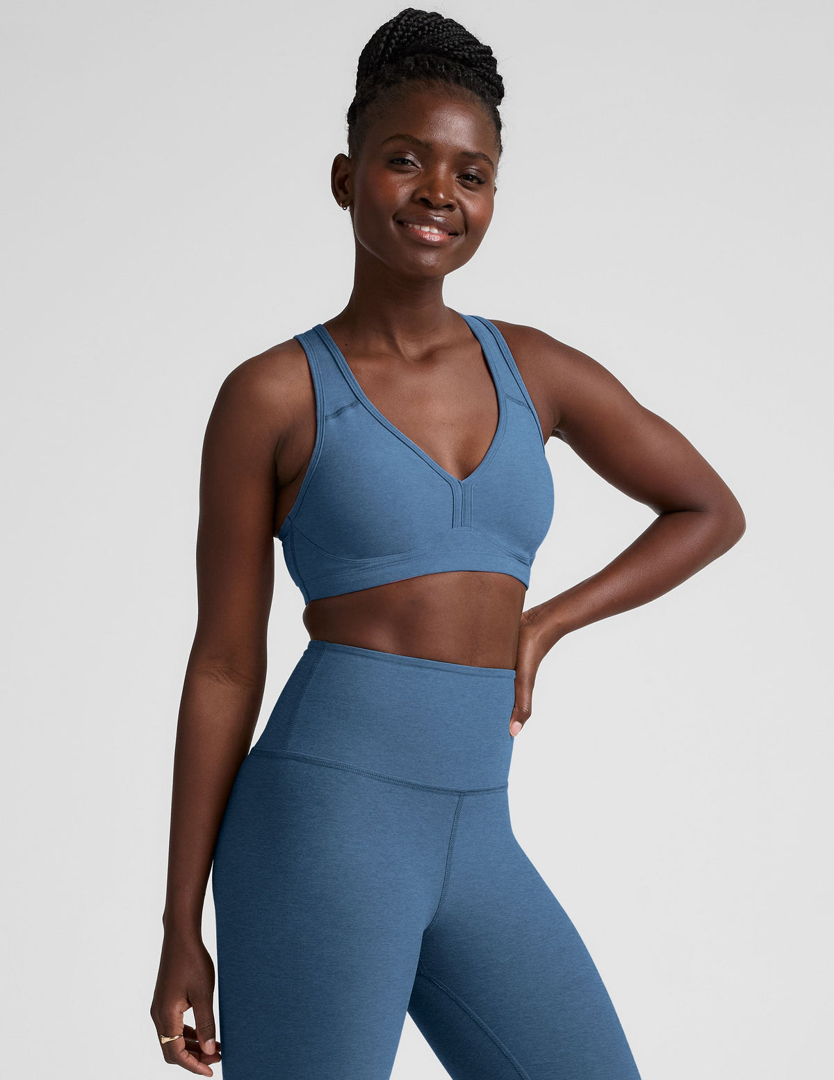 blue v-neck racerback bra with remove-able pads.