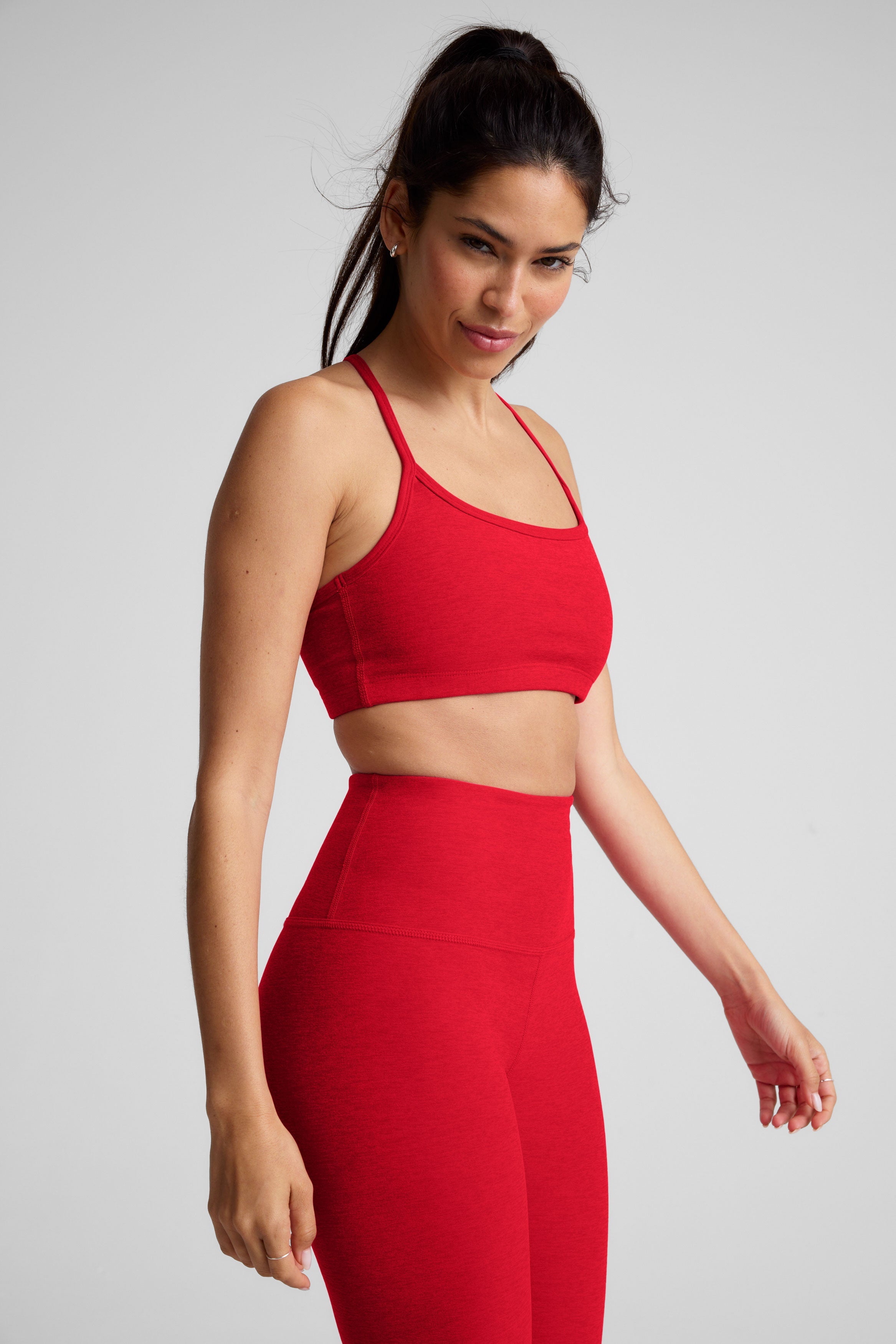 red racerback bra with slim straps.